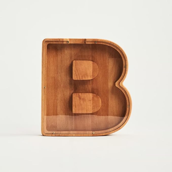 Personalized Wooden Piggy Bank – Custom Letter B Coin Bank in Beech Wood with Acrylic Front, Engraved Name Option, Money Box for Kids and Adults