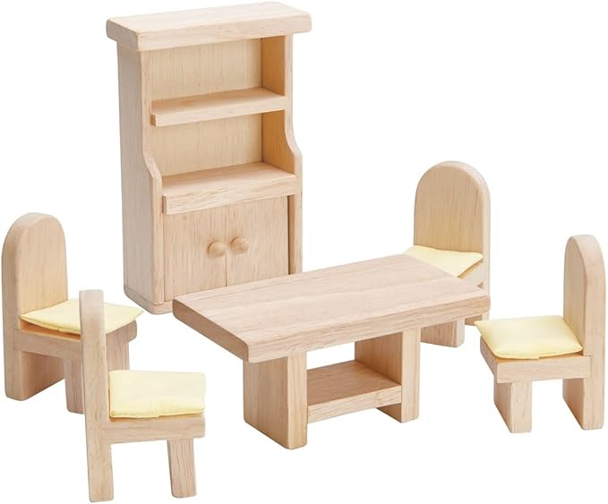 PlanToys Wooden Classic Line of Dollhouse Furniture - Dining Room Set (9012) | Sustainably Made from Rubberwood and Non-Toxic Paints and Dyes |PlanNatural Classic Wooden Toy Collection