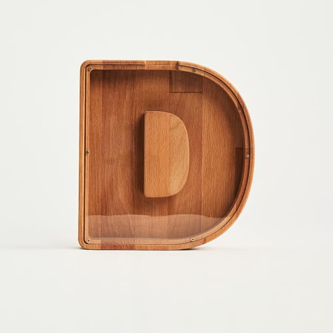 Personalized Wooden Piggy Bank – Custom Letter D Coin Bank in Beech Wood with Clear Acrylic Front, Engraved Name Option, Money Saving Box for Kids and Adults