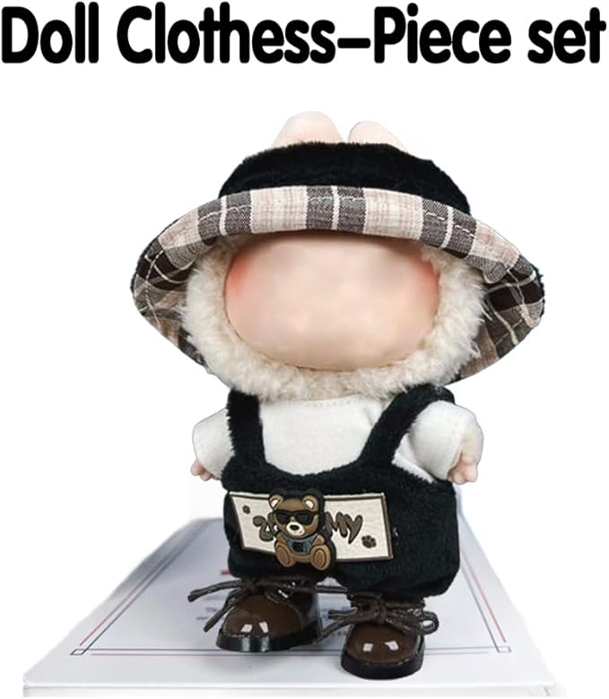 17cm Clothes Set, Cute Hat Unique Pocket Design Overalls Dress up Set(NO Doll), Handmade Clothing Designed for 17cm Doll (Black Set)