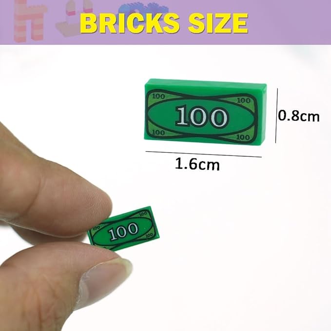 MALEKO Money Tiles Bank Bill Accessories, 200 Pieces 100-Dollar Green 1x2 Tiles, Bulk Building Toy Parts, Compatible with All Major Brands