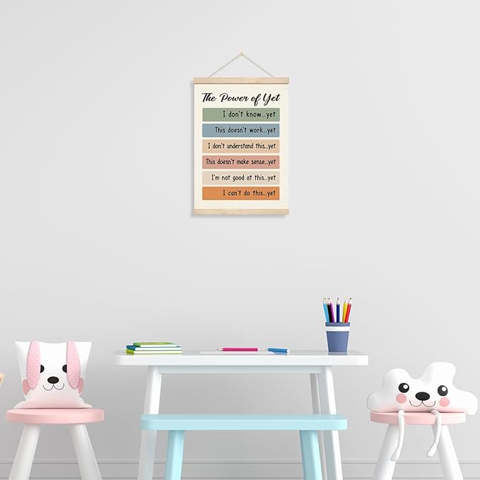 Inspirational Wall Decors - The Power of Yet, Therapy Office Decor, Growth Mindset Mental Health Poster, Canvas Wood Hanger for Wall, School Counselor Office Decor