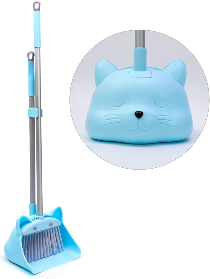 28′′ Mini Broom and Dustpan Set for Kids-Ideal Kids' Toys as Gifts, Parent-Child Interactive Cleaning Tool, Cute Cartoon Design, Household Helper for Toddlers, Small Safe Corner Broom (Blue Bubble)