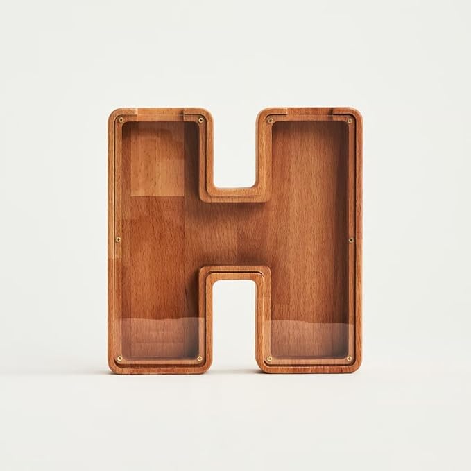 Personalized Wooden Piggy Bank – Custom Letter H Coin Bank in Beech Wood with Clear Acrylic Front, Engraved Name Option, Money Saving Box for Kids and Adults