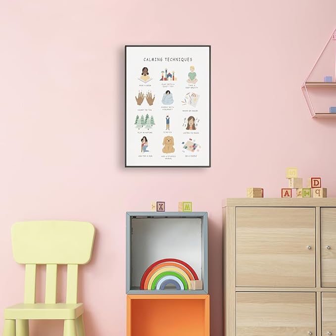 uoyien Calming Corner Classroom Mental health Poster Feelings Calming Techniques Canvas Wall Art Boho Emotions Chart for Kids Prints Special Education Wall Decor for Office 12x16in Metal Framed