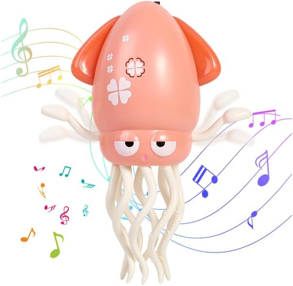 Dancing Octopus Toy with LED Lights and Music, Fishing Rod, Automatic Avoidance, Crawling, Tummy Time Toy, Suitable for Children 3 Years and Older, Birthday Gift (Pink)