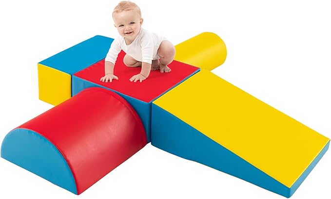 HONEY JOY 5-Piece Climb and Crawl Playset, Soft Climbing Foam Block Activity Play Structure Gym Equipment for Infant Baby, Color Coordination, Waterproof Indoor Climbing Toys for Toddlers (Red)