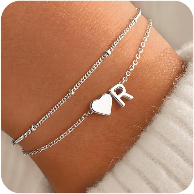 M MOOHAM Initial Heart Bracelets for Women - Layered Dainty 14K-Gold-Plated Heart Letter A-Z Charm Bracelets for Women, Chain Link Charm Bracelets Beaded Bracelets Birthday Gifts Womens Jewelry
