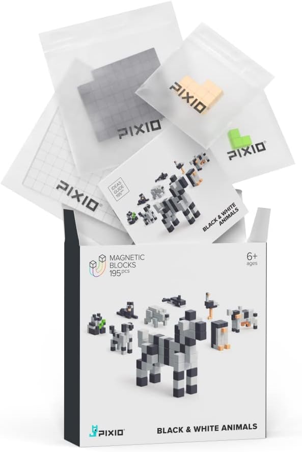 PIXIO Magnetic Cubes - Black & White Animals - Magnetic Cubes Building Toys in Pixel Art Style - Animal Figures - Arts and Crafts Kids Toys - Building Blocks - Learning Toys - 195 pcs