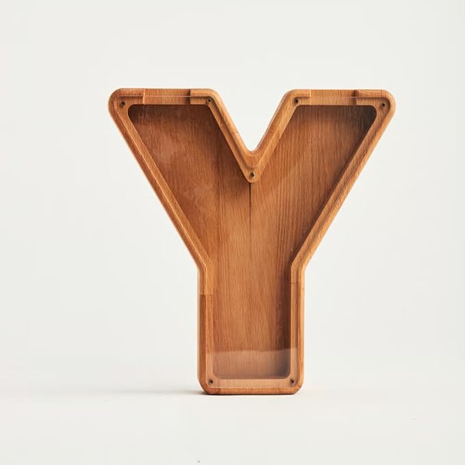 Personalized Wooden Piggy Bank – Custom Letter Y Coin Bank in Beech Wood with Clear Acrylic Front, Engraved Name Option, Money Saving Box for Kids and Adults