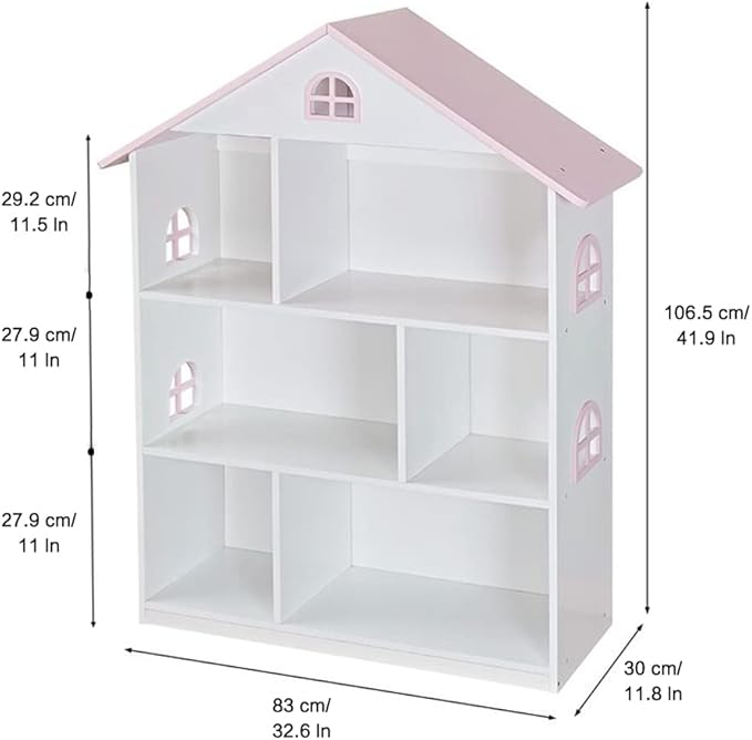 Wooden Dollhouse Bookshelf 3-Tier Doll House Bookcase Kids Books Toys Storage Organizer Shelves for Children's Bedroom Playroom Kindergarten Nursery Gift for Boys Girls Ages 3-8 Years Old