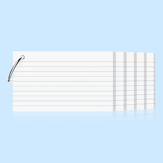 250 Count White Index Cards 3x5 Inch with Key Ring, 180gsm Heavyweight Flash Card (50 Sheets Each), Durable & Portable Note Taking for Students, Teachers, Study Note Cards for Office Home School