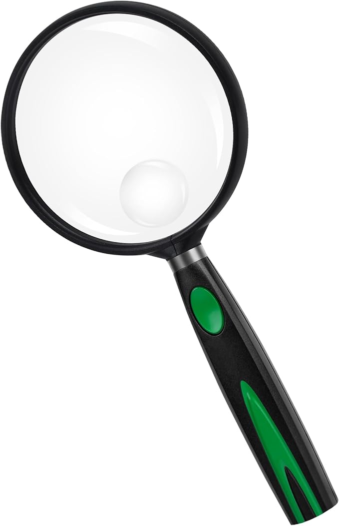 Feosky Handheld Reading Magnifier, 10X 30X Magnifier, 75mm Shatterproof Lens, Non-Slip Handle for Adults Close Work, Seniors Reading and Kids Nature Exploration, Hobby Observation(Green/Black)