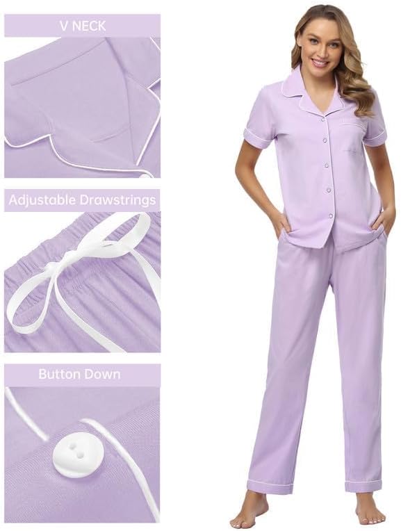 CF Womens 100% Cotton Pajamas Set Button Down Pjs Sets Short Sleeve Top & Long Pants Sleepwear Comfy Loungewear with Pockets