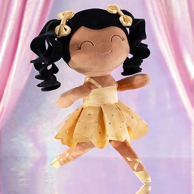 Gloveleya Baby Dolls Soft Snuggly Curly Hair Ballerina Doll First Baby Girl Gifts Plush Tanned Ballet Doll with Lace Mesh Dress Golden 14inches Ballerina Series