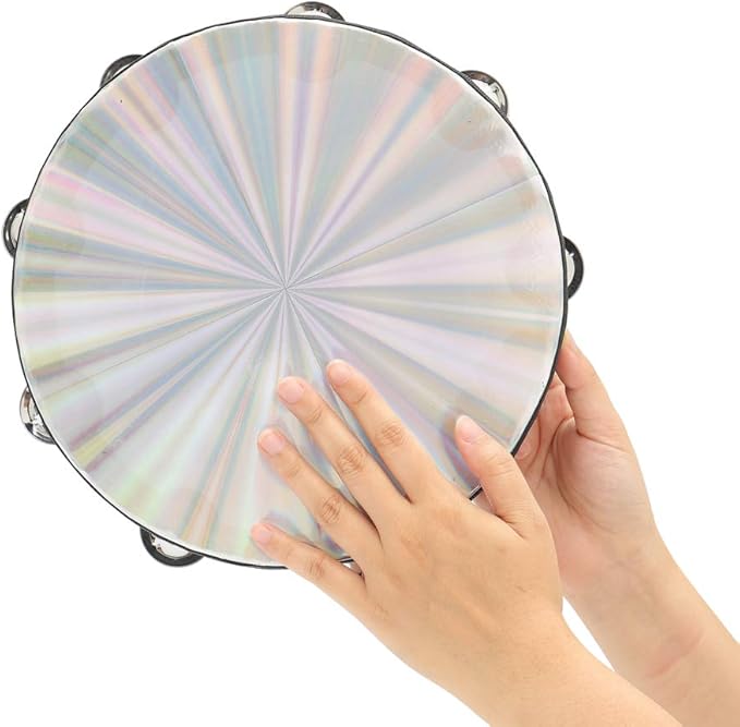 Musfunny Radiant Tambourine 10 inch for Adults 2-Row Jingles Bell Reflective Tambourines Hand Held Drum Musical Instrument for Kids Education KTV Party Church - 10 inch