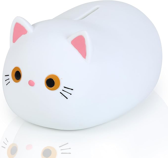 H&W White Cat Piggy Bank for Girls,Plastic Coin Bank,Unbreakable Money Bank,Cute Piggy Bank for Kids,First Money Box,Best Birthday