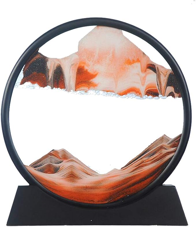 Aoderun Moving Sand Art Picture Round Glass 3D Deep Sea Sandscape in Motion Display Flowing Sand Frame Relaxing Desktop Home Office Work Decor (12", Orange)