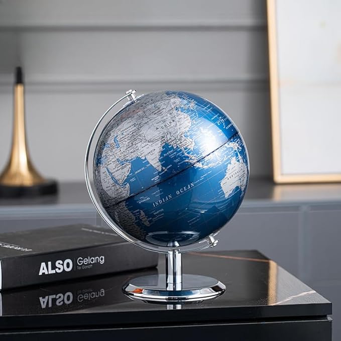 World Globe with Stainless steel Stand, 8inch Earth Modern Desktop Globe For Educational Home Office Desk Bookshelf Decor, Cool Tech Gift for Business Men Father Boys Adults & Kids