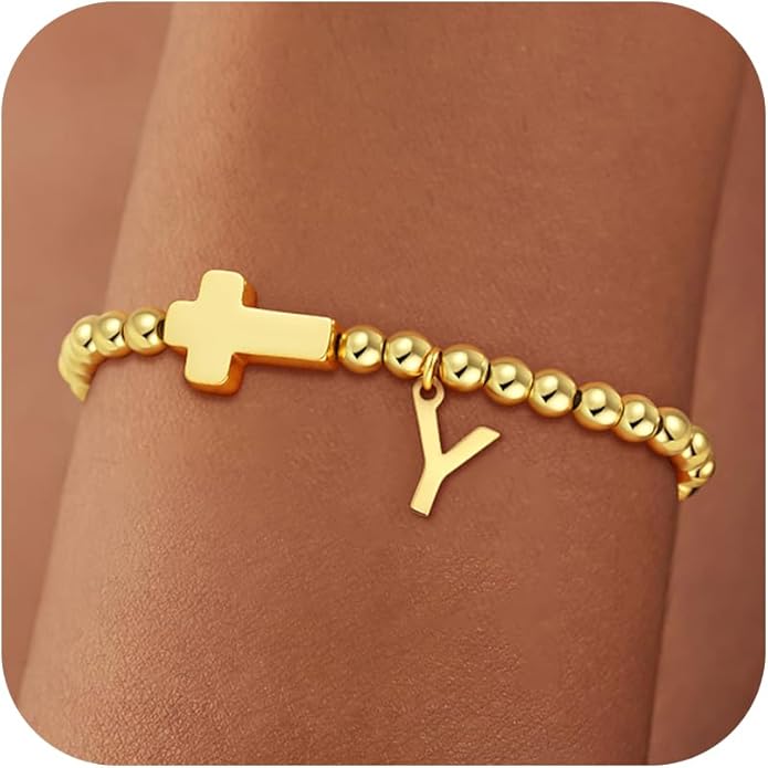 Gold Initial Bracelets for Women Girls - 18K Gold Plated Cross Initial Bracelet Dainty Beaded Bracelet Gold Bracelets for Women Teen Girl Gifts