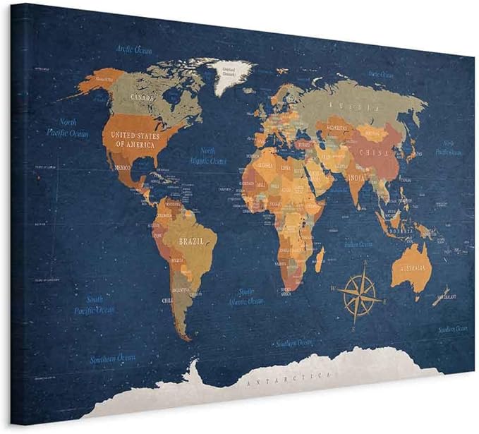 artgeist Acoustic Canvas Wall Art Print World Map 35x24 in - 1pcs Picture with Acoustic Foam Sound Print Artwork Room Acoustics Soundproofing Poster Map of The World World Travel Map k-C-0048-b-b
