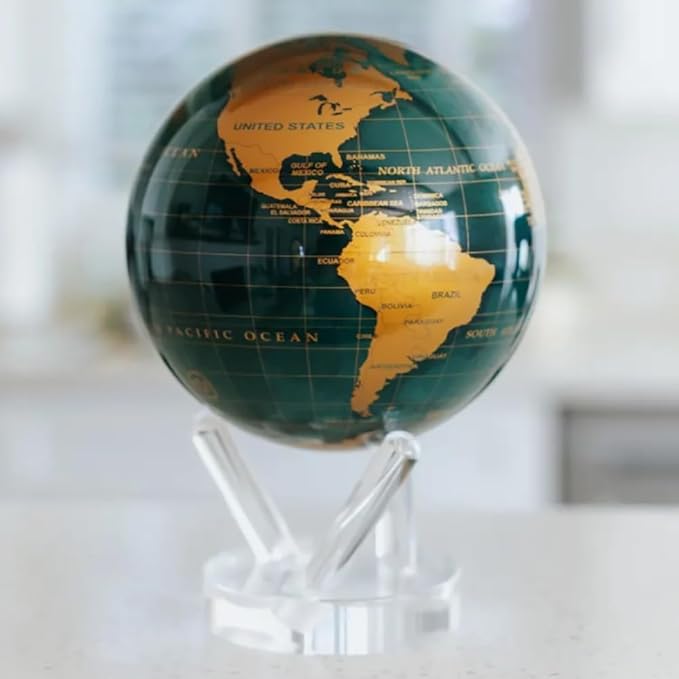 MOVA – Green and Gold Rotating Decor Globe, 8.5” | Solar-Powered Motion | No Batteries | Gift for Desk, Home, or Office