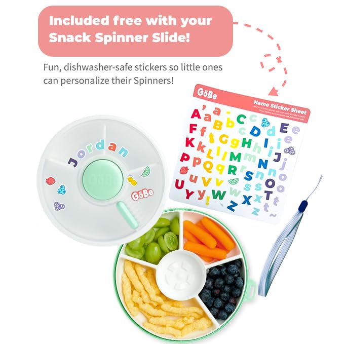 GoBe Kids Small Snack Spinner Slide Bundle with Hand Strap and Sticker Sheet - Reusable Snack Container with 5 Compartment Dispenser and Lid | BPA/PVC Free | Dishwasher Safe | No Spill