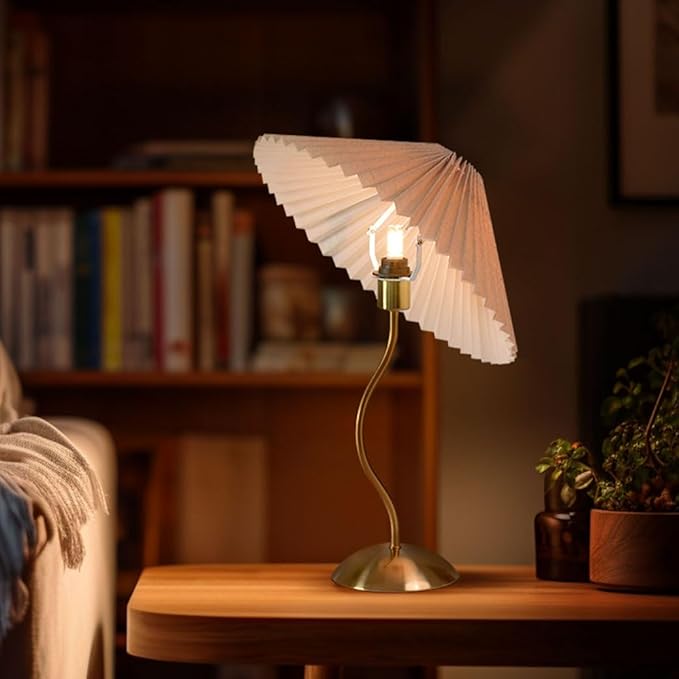 KUNJOULAM Small Pleated Table Lamp, Bedside Nightstand Lamp with Beige Lampshade, Morden Mini Lamp for Bedroom Home Office Decor, E12 Bulb Included