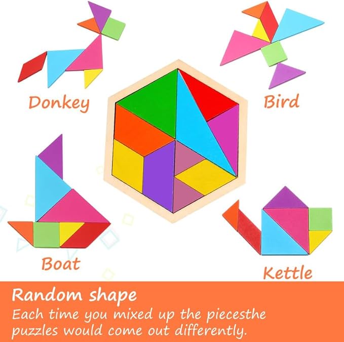 Meooeck 12 Pack Tangrams Wooden Puzzles Tangrams Classroom Set for Kids Shape Puzzles Brain Logic Blocks for Games Educational Gifts for Adults Kids Ages 4-8 8-12(Hexagon Style)