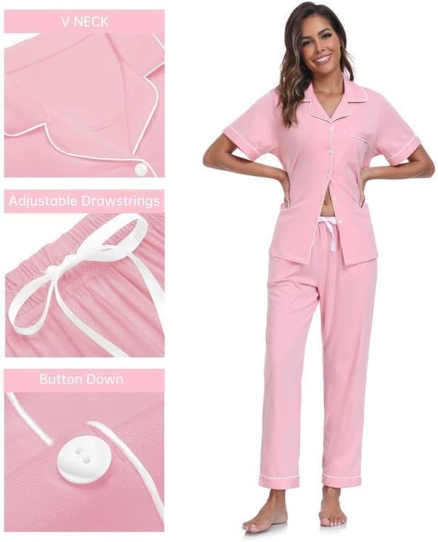 CF Womens 100% Cotton Pajamas Set Button Down Pjs Sets Short Sleeve Top & Long Pants Sleepwear Comfy Loungewear with Pockets