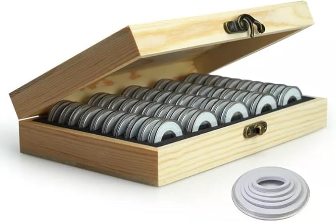 50pcs Coins Capsules for 18/21/25/27/30mm Coins w/Wood Display Storage Box Case