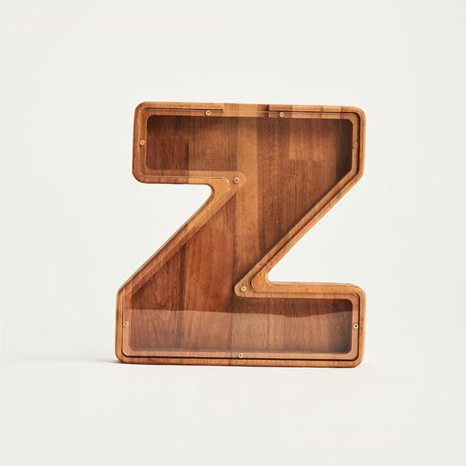 Personalized Wooden Piggy Bank – Custom Letter Z Coin Bank in Beech Wood with Clear Acrylic Front, Engraved Name Option, Money Saving Box for Kids and Adults
