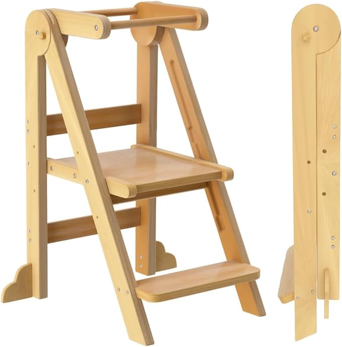 Toddler Tower, Foldable Step Stool for Toddlers, Toddler Kitchen Stool Helper with 3 Adjustable Height Safty Rail and Anti-Tip Structure, Learning Tower for Toddlers Baby Kids