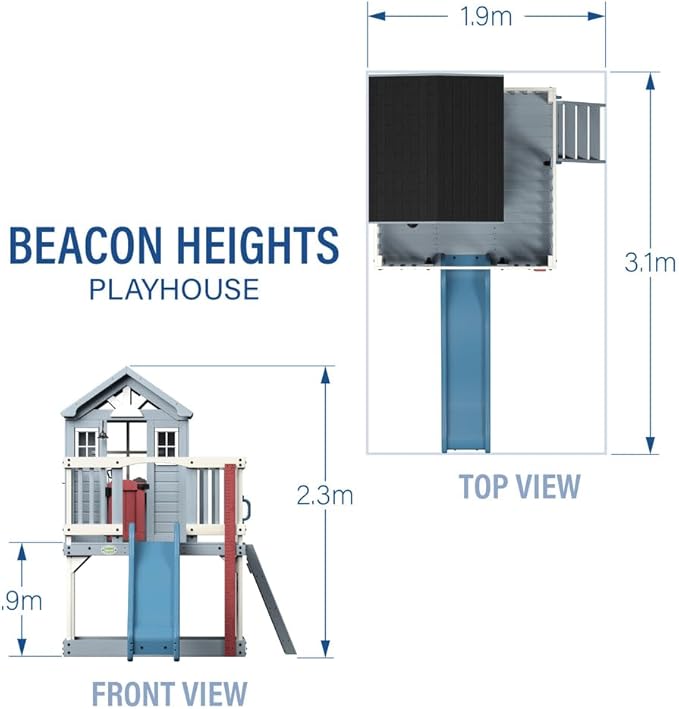 Backyard Discovery Beacon Heights Elevated Cedar Wooden Kids Playhouse with Wave Slide, Play Kitchen, Wrap-Around Deck, Flat-Step Ladder, Half Door, Windows, Bell, and Growth Chart for Outdoor Play