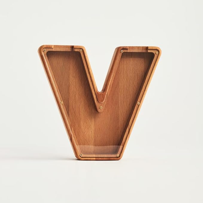 Personalized Wooden Piggy Bank – Custom Letter V Coin Bank in Beech Wood with Clear Acrylic Front, Engraved Name Option, Money Saving Box for Kids and Adults