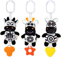 KAKIBLIN Baby Hanging Toy,3 Pack Black and White Sensory Toys for for 0 3 6 9 to 12 Months, High Contrast Soft Hanging Crinkle Squeaky Learning Toy with Teether for Boys Girls (21CM, Zebra,Deer&Cow)