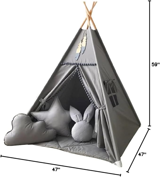Kids Teepee Tent with White Pom Pom - Indoor Play Teepee for Children Boys Portable Play House (Grey)