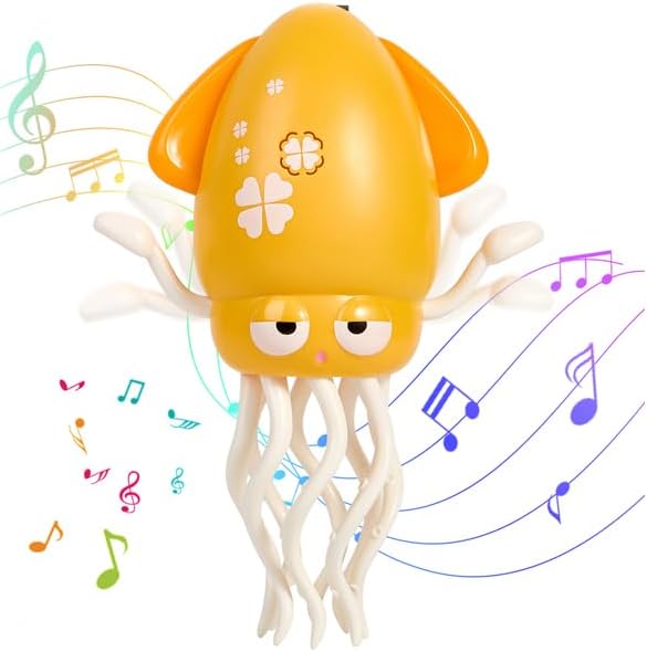 Electric Dancing Octopus Toy with LED Lights and Music, Automatic Avoidance, USB Rechargeable Crawling Belly Time Toy, Suitable for Children 3 Years and Older Birthday Gift (Yellow)