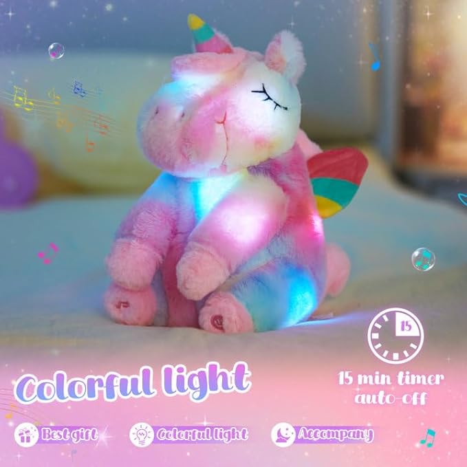 Athoinsu Rainbow Musical Light up Unicorn Stuffed Animal Soft Furry Plush Toy with LED Night Lights Children's Day Birthday Valentine's Day Gifts for Kids Toddler Girls,12''