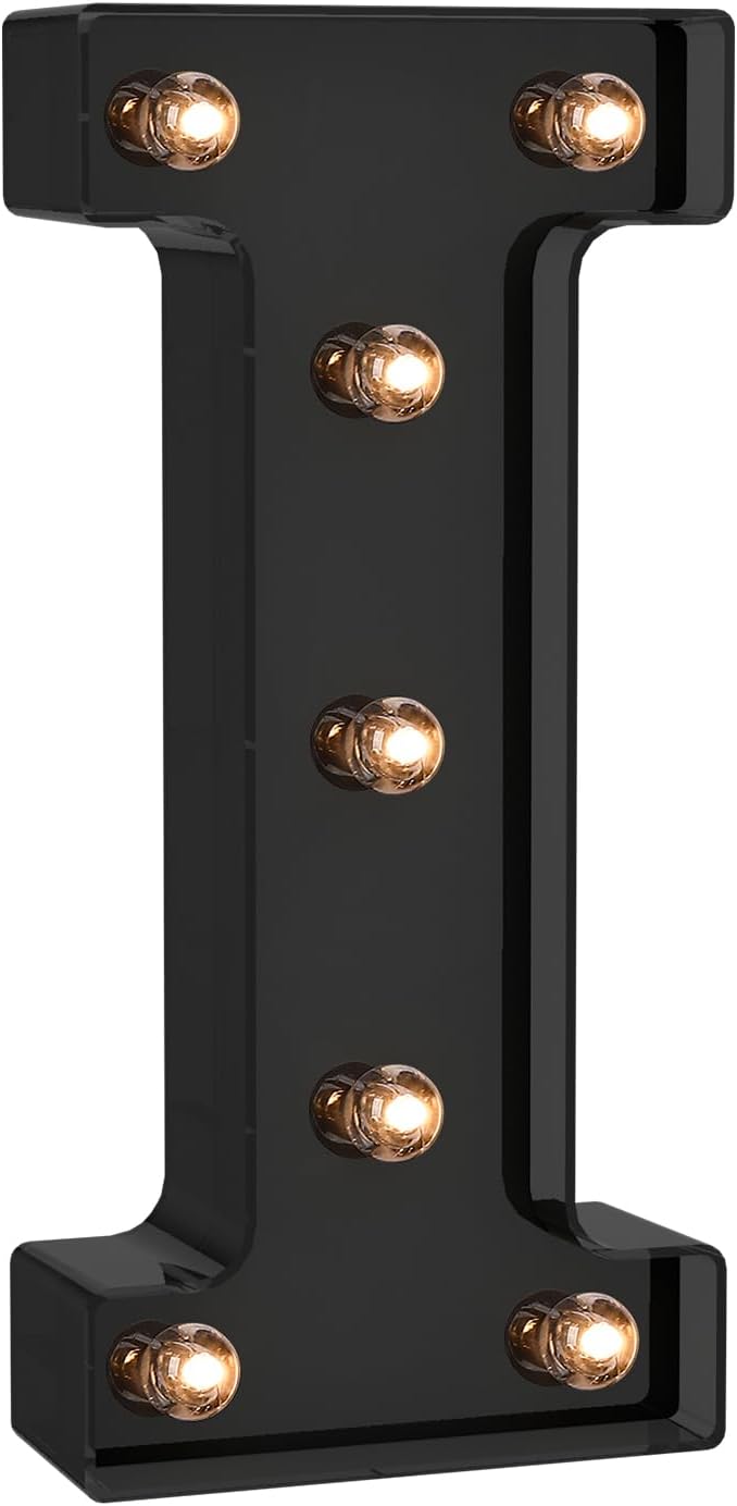 Foaky Black LED Letter Lights for Room Decor - Bedroom Wall Decor, Alphabet Lights for Home, Wedding, Party - Battery Operated （I）