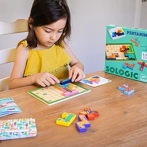 DJECO SoLogic Pentanimo - Wooden Logic Game for Little Ones - Challenging, Fun & Creative Activity for Family & Friends - Cute Animal Puzzle Toy for Children 5+ Years Girls & Boys