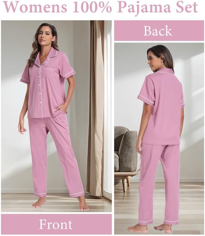 CF Womens 100% Cotton Pajamas Set Button Down Pjs Sets Short Sleeve Top & Long Pants Sleepwear Comfy Loungewear with Pockets
