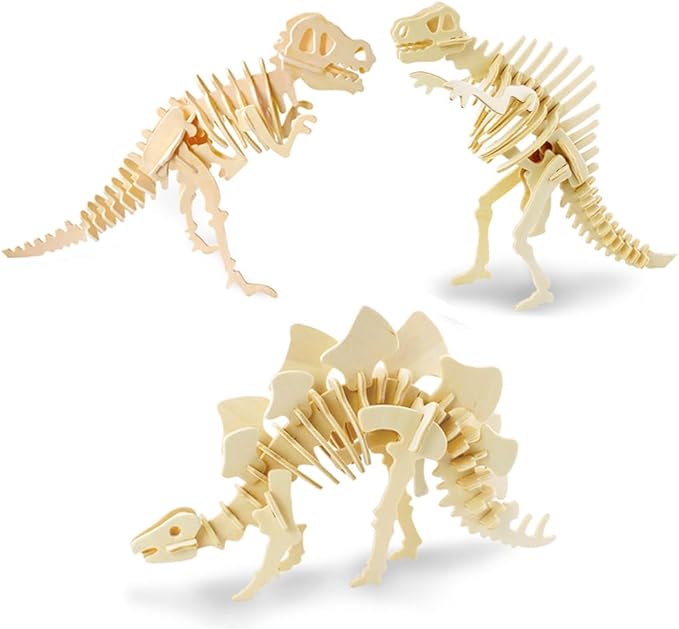 Georgie Porgy 3D Wooden Puzzles for Kids Toys Construction Woodcraft Kits DIY Model Puzzle Kits Birthday Gifts Pack of 3 (T-Rex Spinosaurus Stegosaurus)