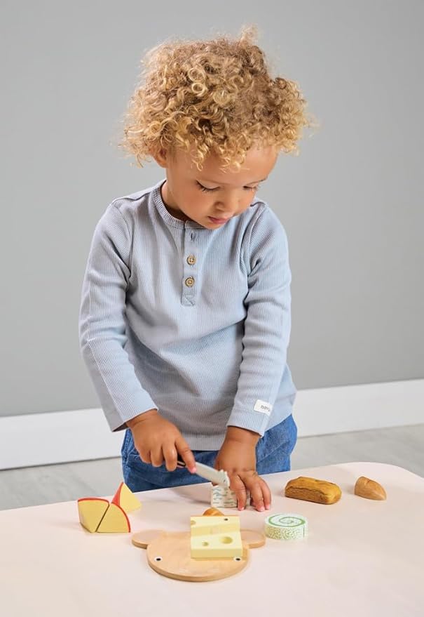 Tender Leaf Toys - Cheese Chopping Board - Wooden Play Food Set with 4 Choppable Cheeses, Baguette, Wood Knife and Illustrated Board - Improves Fine Motor Skills - Develops Social Skills - Age 2+