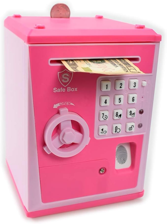 Toy Safe Box, Electronic ATM Piggy Bank, Money Coin Savings Bank, Finger Print Scanner Lock, Great Gift for Children Kids (Pink/Pink)