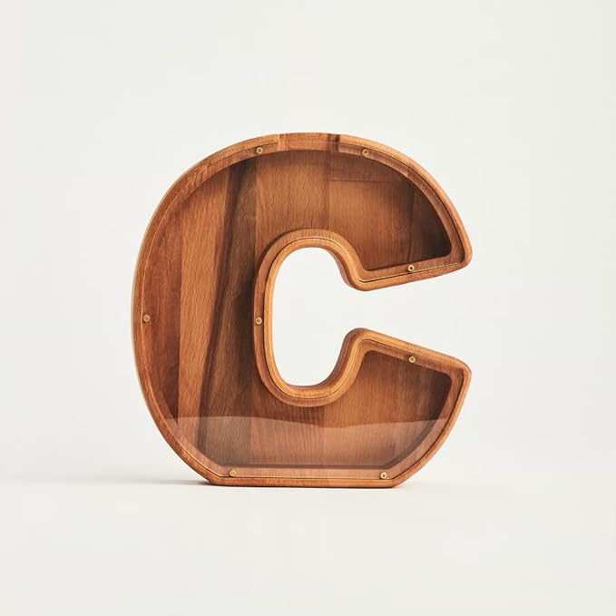 Personalized Wooden Piggy Bank – Custom Letter C Coin Bank in Beech Wood with Acrylic Front, Engraved Name Option, Money Saving Box for Kids and Adults