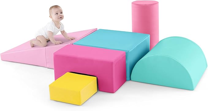 Costzon Toddler Climbing, 6 Pieces Climb and Crawl Playset with PU Cover for Baby Crawling, Climbing & Walking, Indoor Foam Climbing Blocks for Toddlers (Pink)