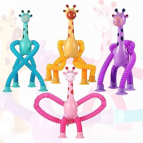 4 Pcs Telescopic Suction Cup Giraffe Toy, Funny Pop Tubes Sensory Toy for Toddlers, Educational Fidget Toys Basket Stocking Stuffer for Anxiety Kids for 3 4 5 6 7 8 9 Year Old Boy Girl