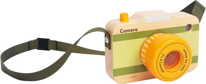 Wooden Mini Pretend Camera Toy with Real Sounds and Light for Toddlers 3 Years Old, Neck Hanging Photographed Props for Boys Girls Children Kids
