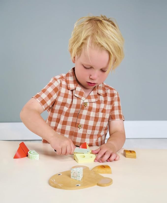Tender Leaf Toys - Cheese Chopping Board - Wooden Play Food Set with 4 Choppable Cheeses, Baguette, Wood Knife and Illustrated Board - Improves Fine Motor Skills - Develops Social Skills - Age 2+